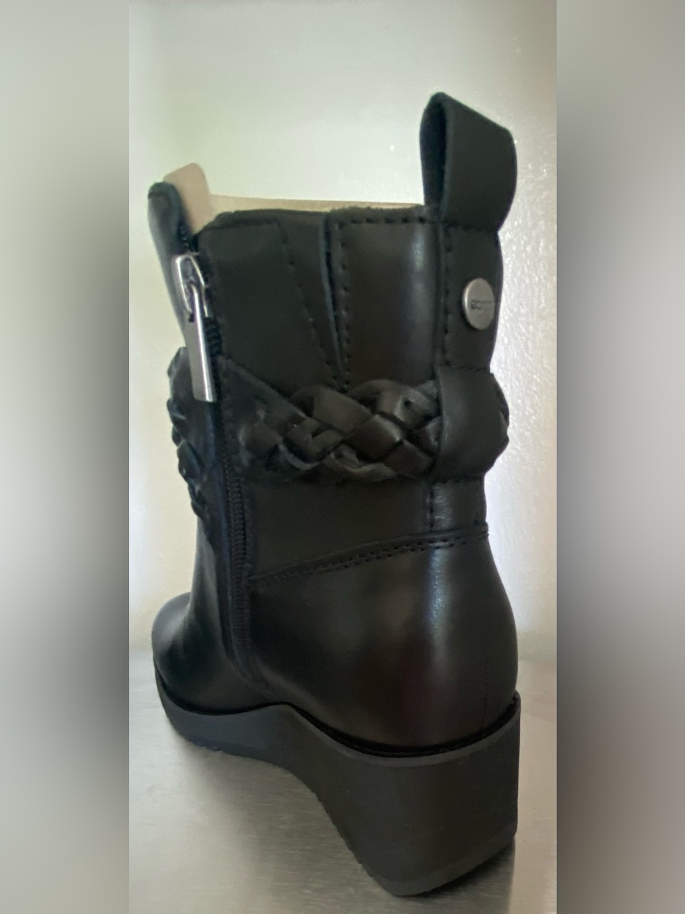 NEW-EARTH WOMENS LEATHER WEDGE ZIP UP ANKLE BOOTS WITH BRAIDED STRAP - Picture 15 of 16